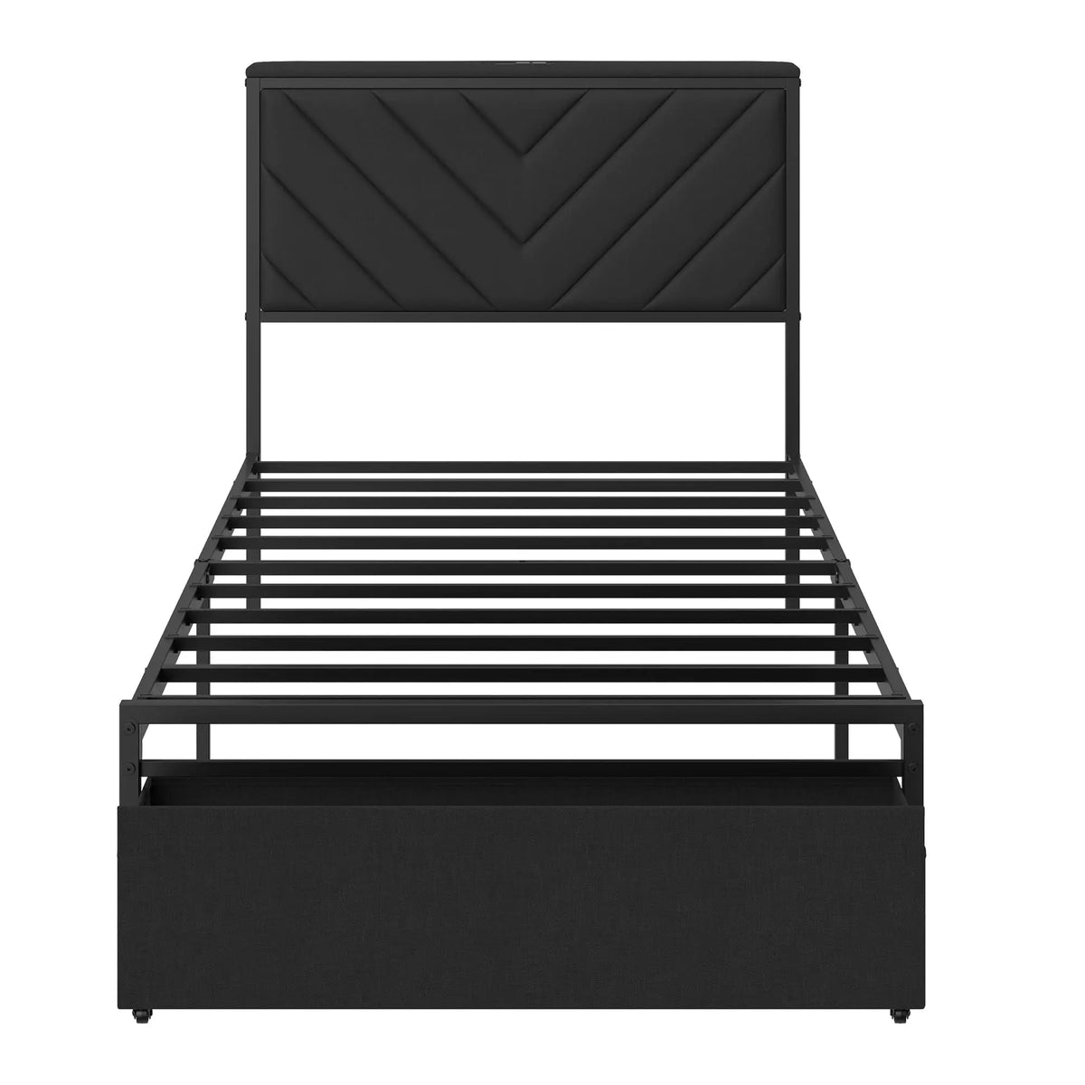 HiMiss Metal Bed Frame With Charging Station Headboard Storage Drawers