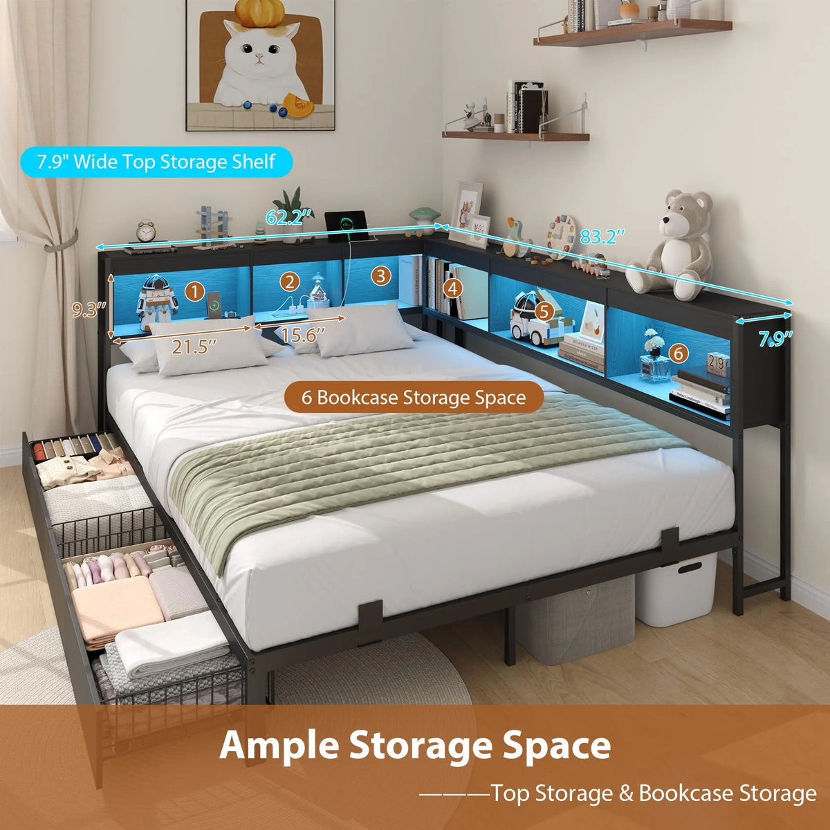 HiMISS Corner Bed Frame With Bookcase Headboard And LED Storage