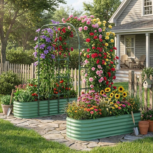 HiMISS Galvanized Raised Garden Bed With Arch Trellis