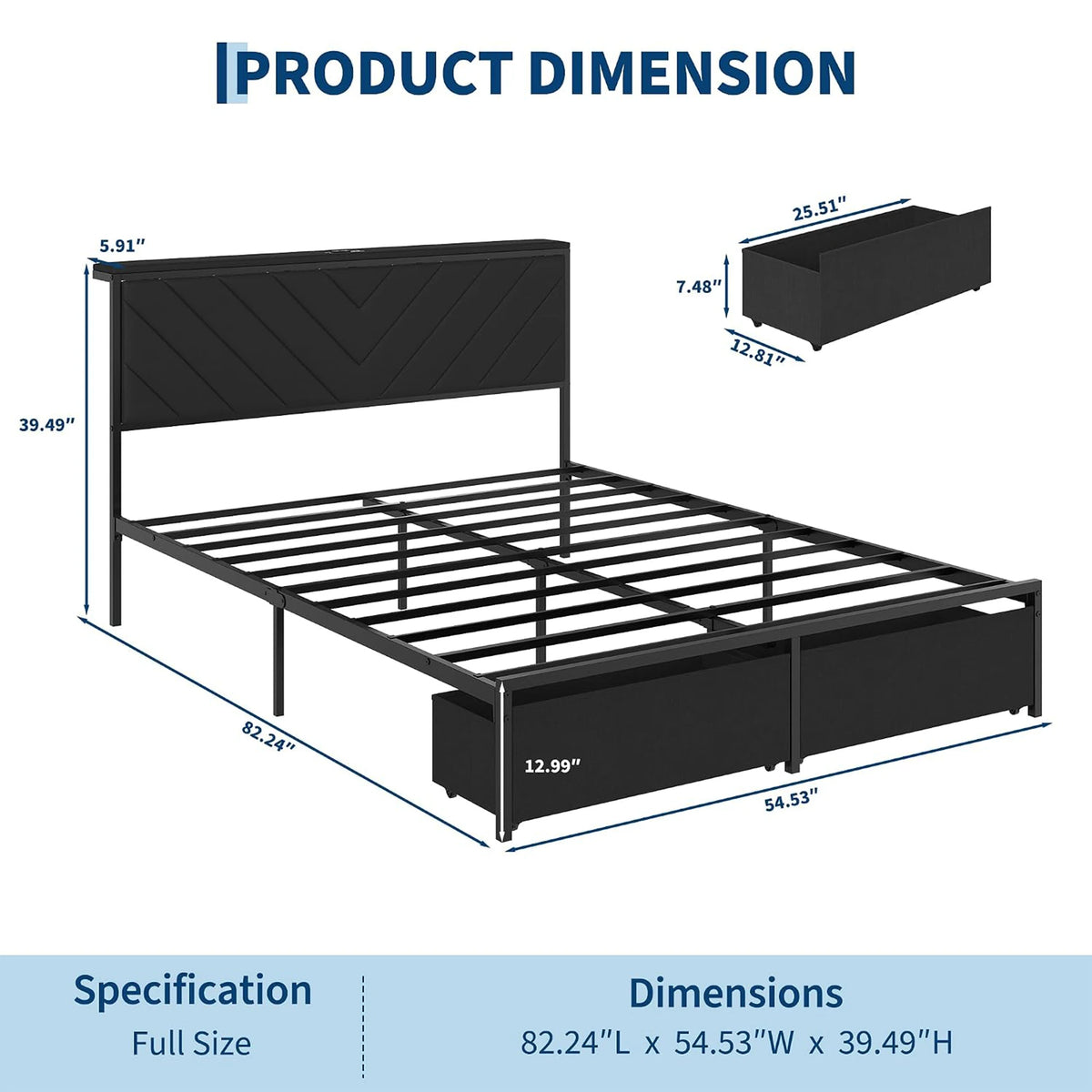 HiMiss Metal Bed Frame With Charging Station Headboard Storage Drawers