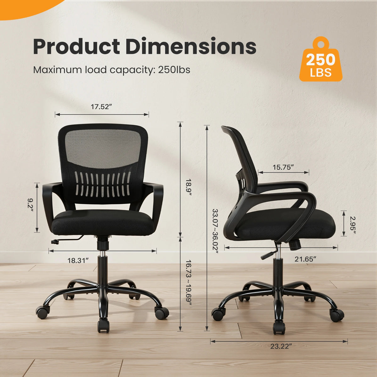 MCQ Ergonomic Mid Back Office Chair With Adjustable Lumbar Support