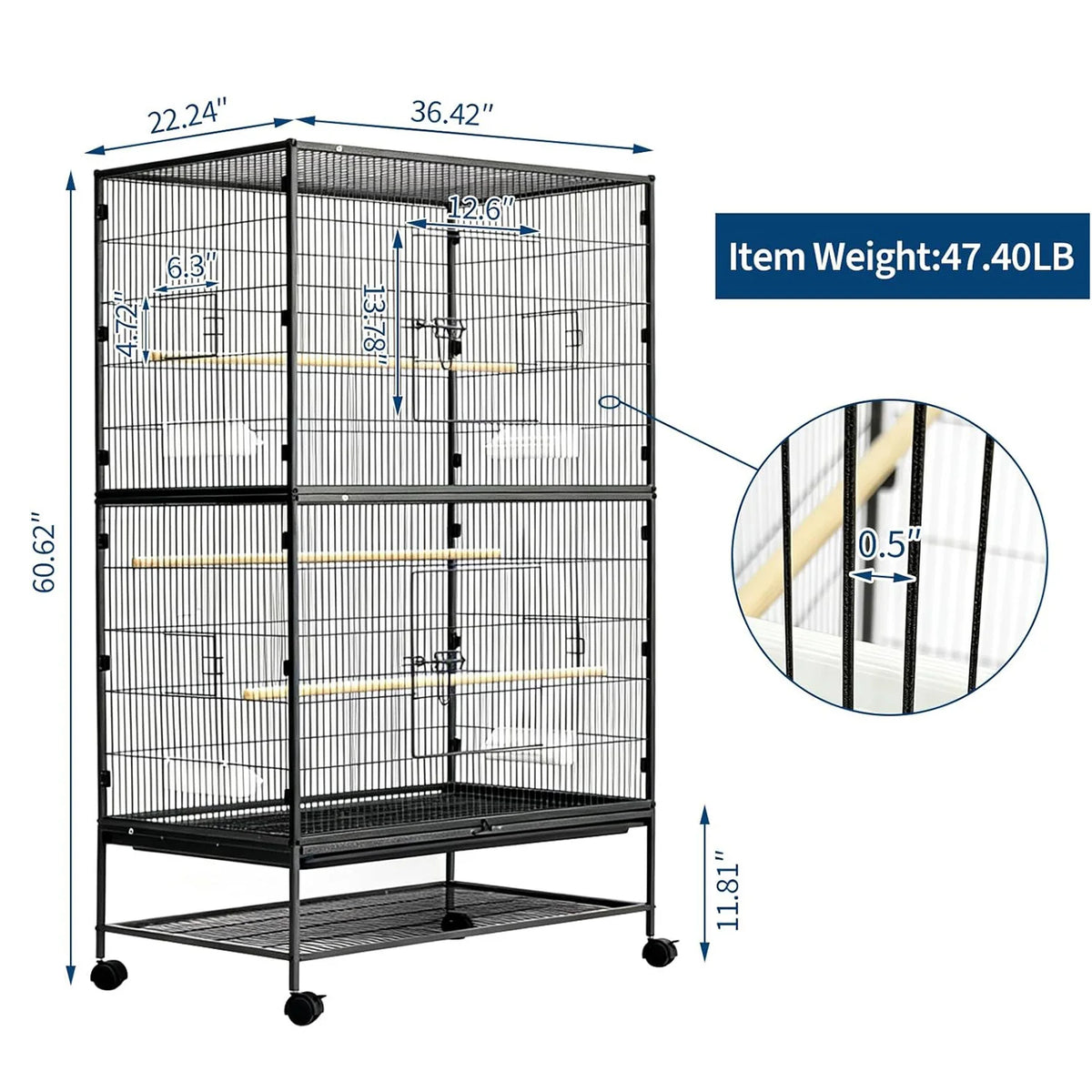 HiMISS Bird Cage With Rolling Stand And Feed Bowls