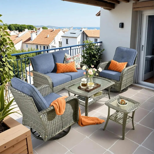 5 Piece Outdoor Wicker Patio Swivel Conversation Sofa Set