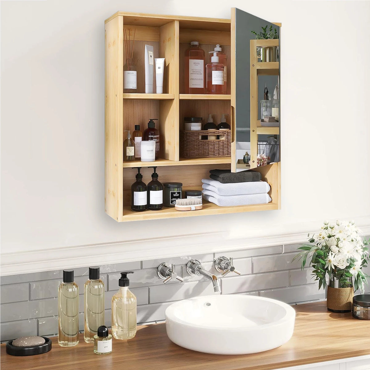 5 Shelf Bamboo Wall Medicine Cabinet With Mirror