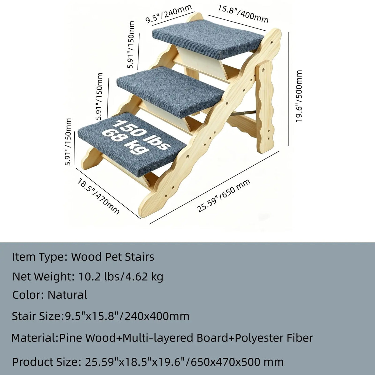 DishyKooker 3 Step Wooden Pet Stairs And Folding Dog Ramp