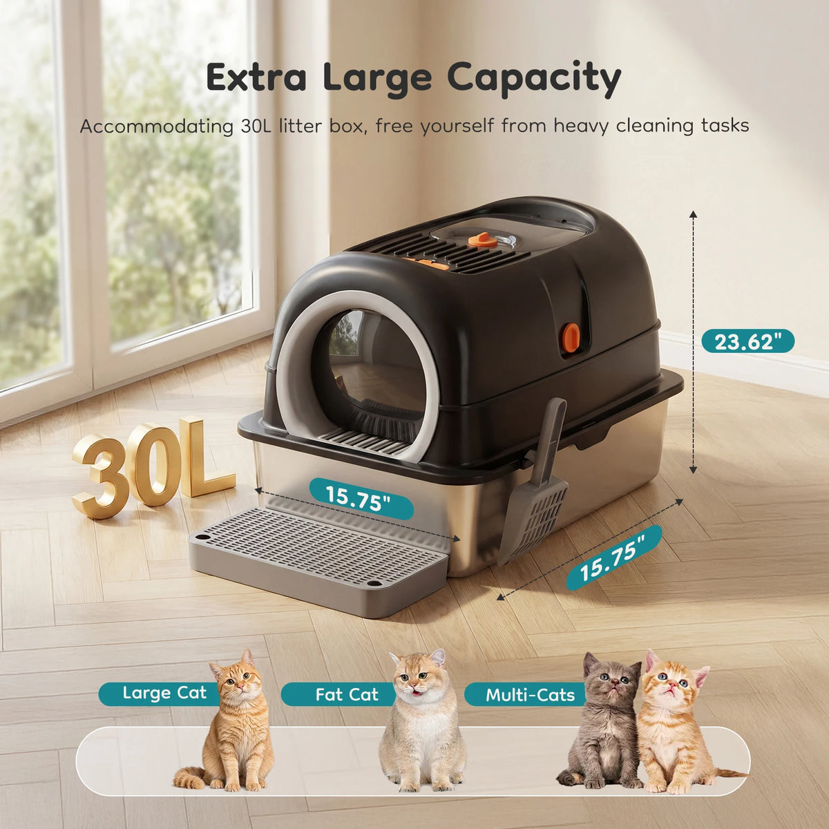 Stainless Steel Fully Enclosed Large Cat Litter Box With Scoop