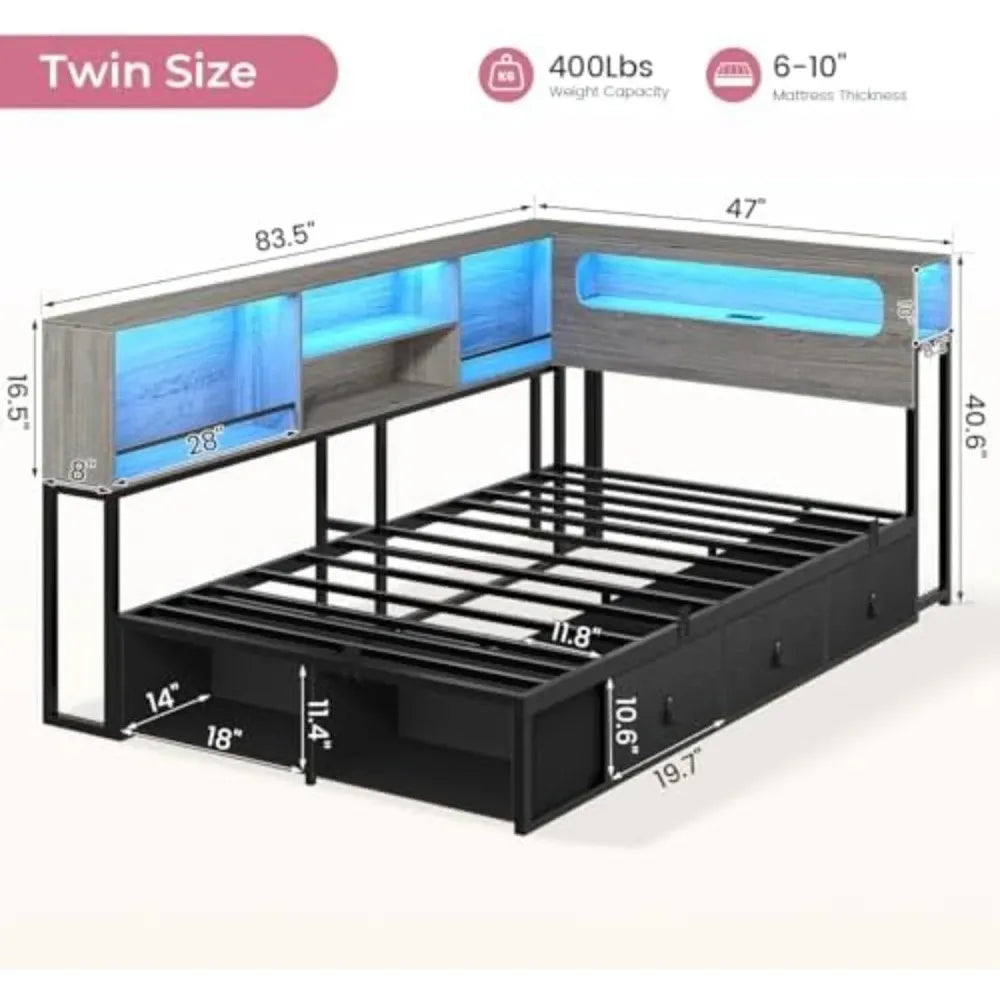 Contemporary Corner Bed Frame With Bookcase Storage And Charging Station