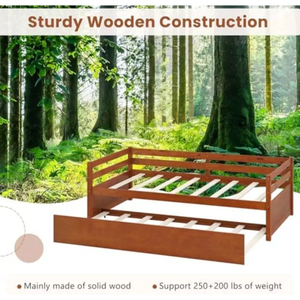 Mid Century Modern Daybed With Trundle And Wood Slat Support