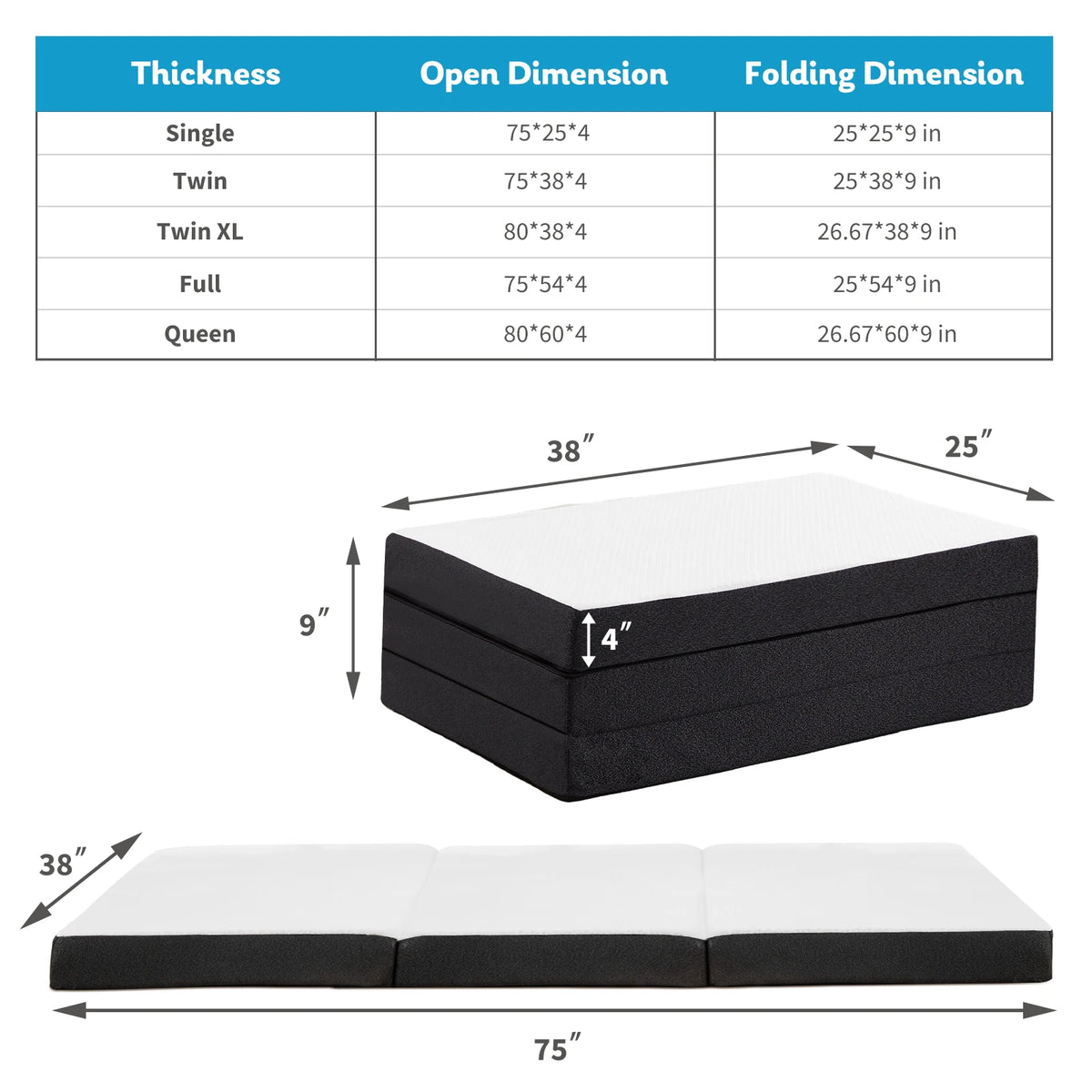 JHK Tri-Fold Memory Foam Mattress With Washable Cover CertiPUR-US Certified