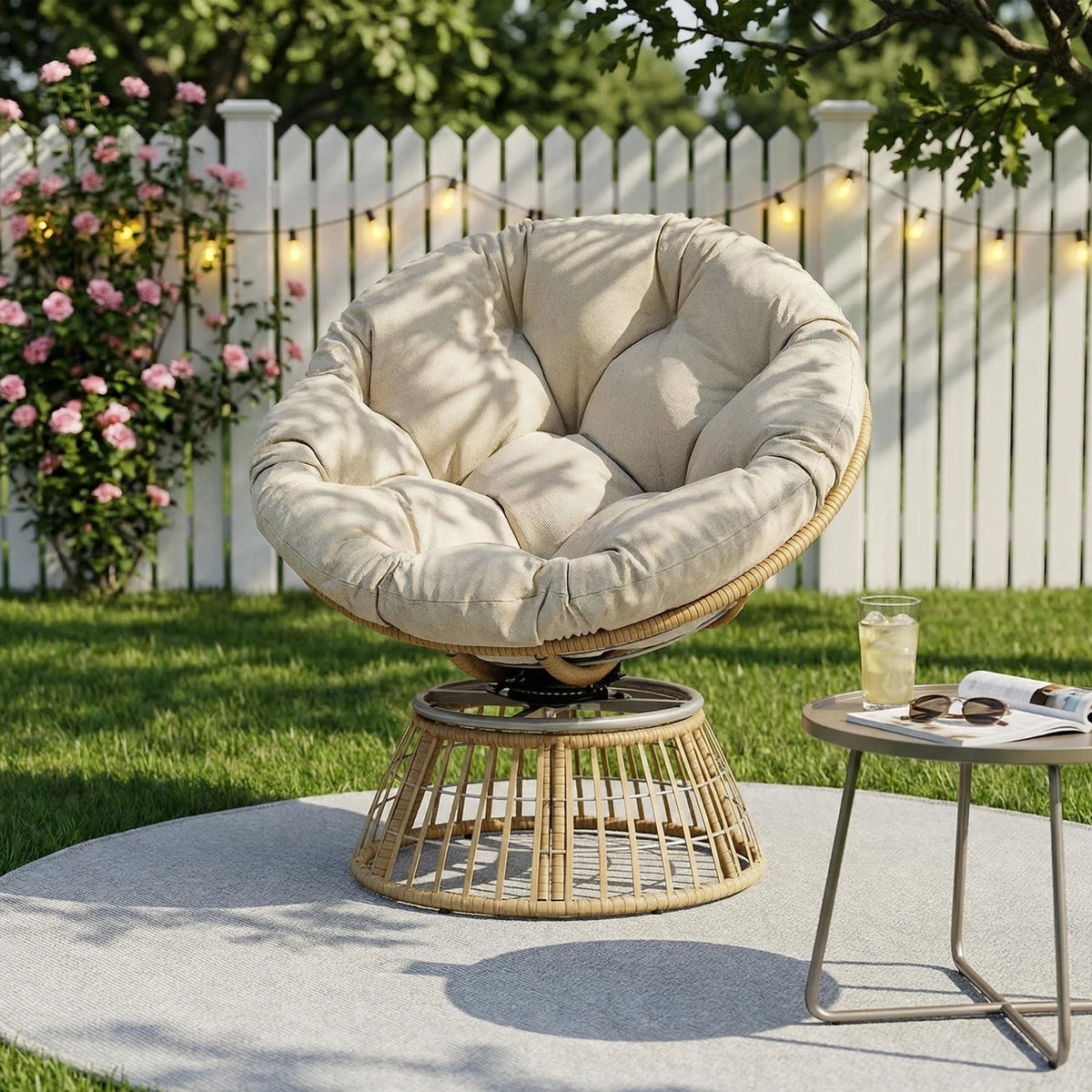 Avenvista Outdoor Wicker Swivel Papasan Chair With Thick Cushion