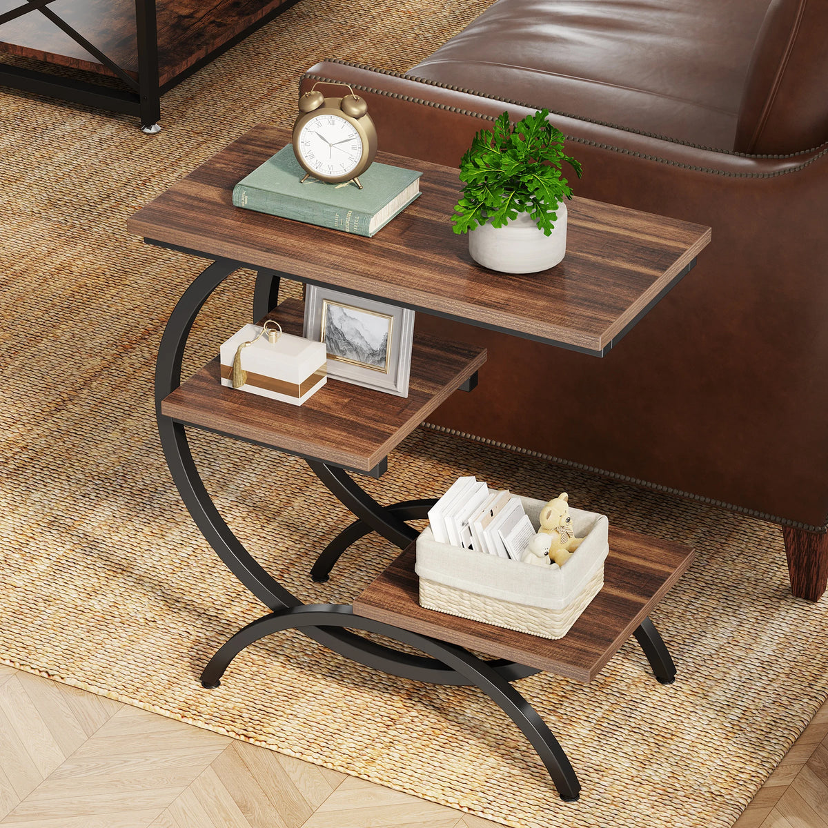 Tribesigns Industrial C Shaped End Table With Storage Shelves
