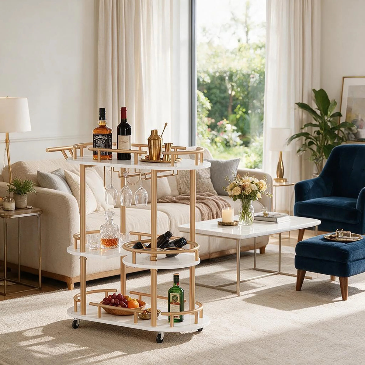 HiMISS Three Tier Metal Rolling Bar Cart With Wine Rack