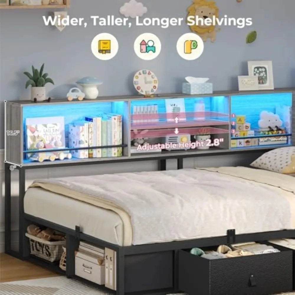 Contemporary Corner Bed Frame With Bookcase Storage And Charging Station