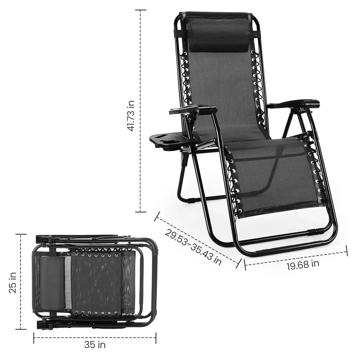 JHK Zero Gravity Outdoor Recliner With Cup Holder And Pillow