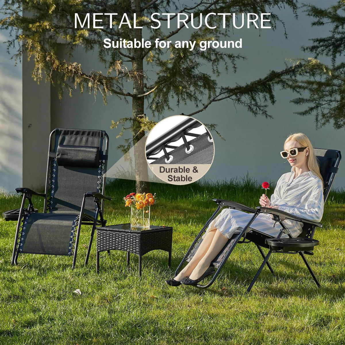 JHK Zero Gravity Outdoor Recliner With Cup Holder And Pillow