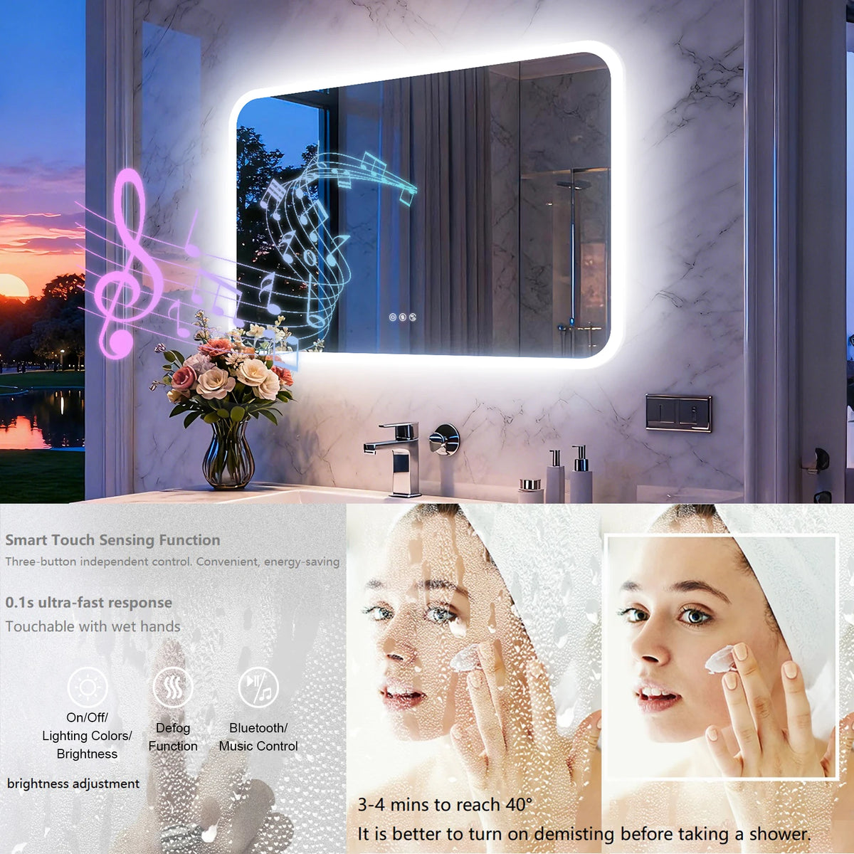 Smart LED Bathroom Mirror With Bluetooth Speakers And Touch Control