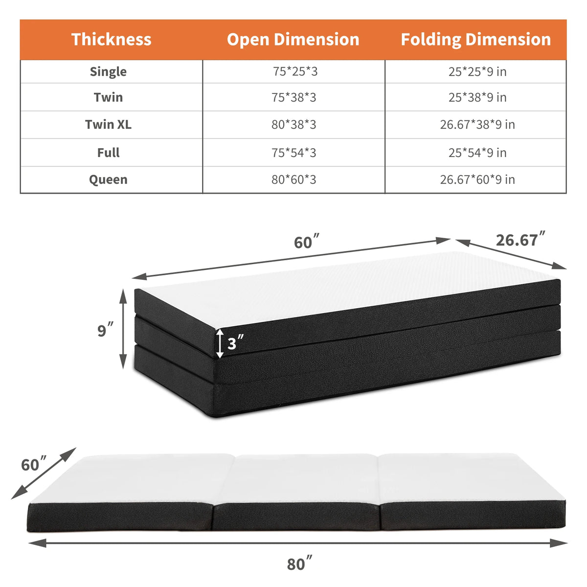 JHK Tri-Fold Memory Foam Mattress With Washable Cover CertiPUR-US Certified