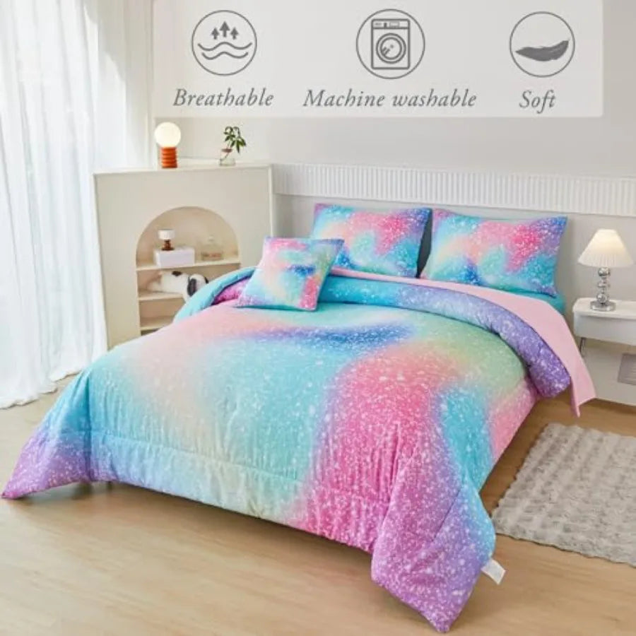 Girls Ombre Galaxy Glitter Comforter Set With Matching Sheets