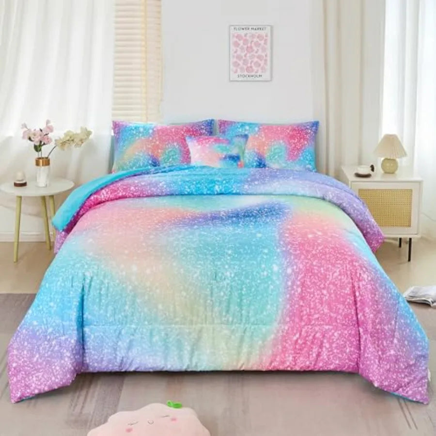 Girls Ombre Galaxy Glitter Comforter Set With Matching Sheets