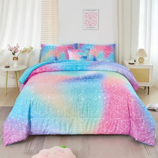 Girls Ombre Galaxy Glitter Comforter Set With Matching Sheets