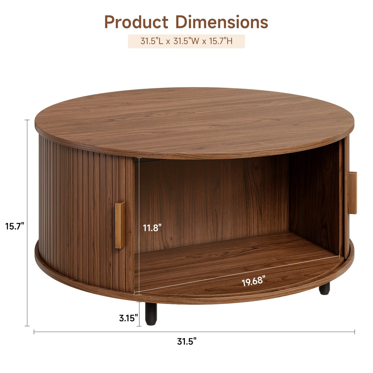 Onbrill Modern Round Coffee Table With Fluted Wood Storage