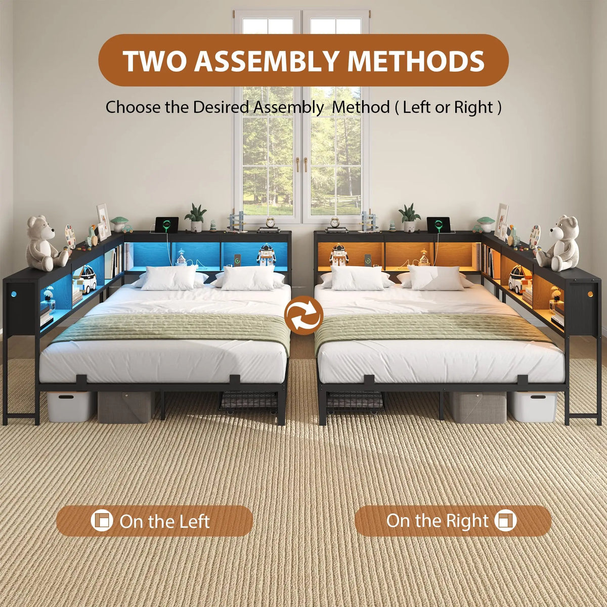HiMISS Corner Bed Frame With Bookcase Headboard And LED Storage