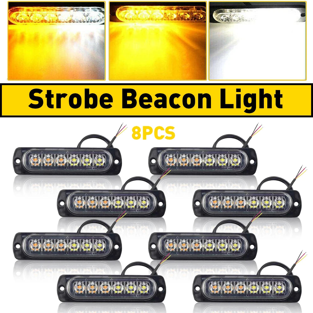 8Pc Amber White 6 Led Car Truck Emergency Hazard Flash Strobe Light