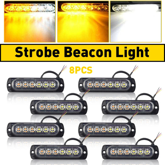 8Pc Amber White 6 Led Car Truck Emergency Hazard Flash Strobe Light