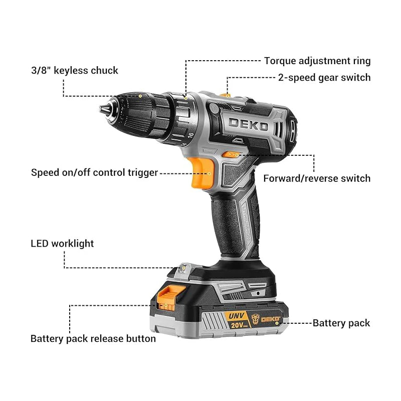 DEKO 20V Cordless Power Drill With Battery And Charger