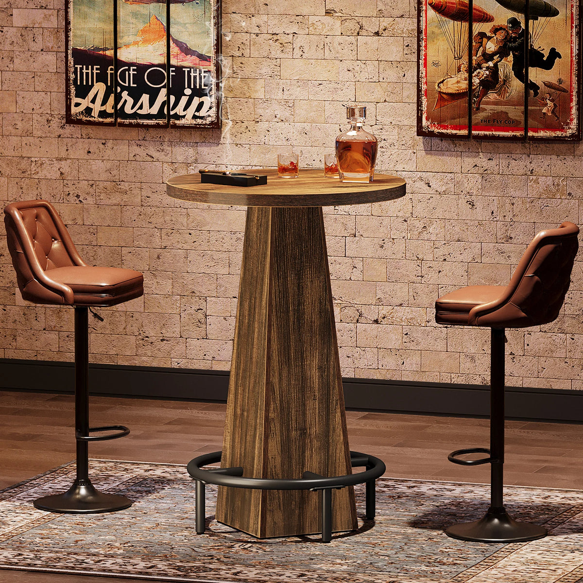 Tribesigns Round Commercial Wood Bar Table With Metal Footrest