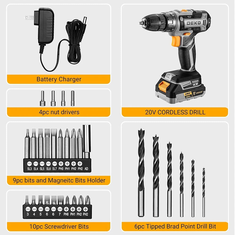 DEKO 20V Cordless Power Drill With Battery And Charger