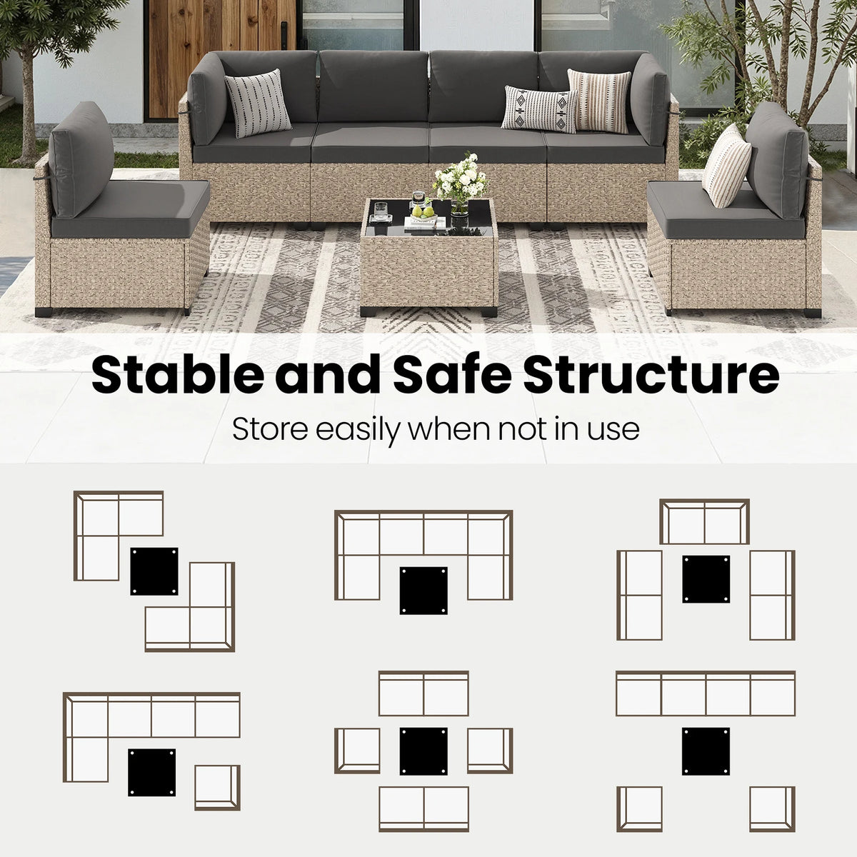 Outdoor Rattan Patio Sectional Sofa Set With Tempered Glass Table