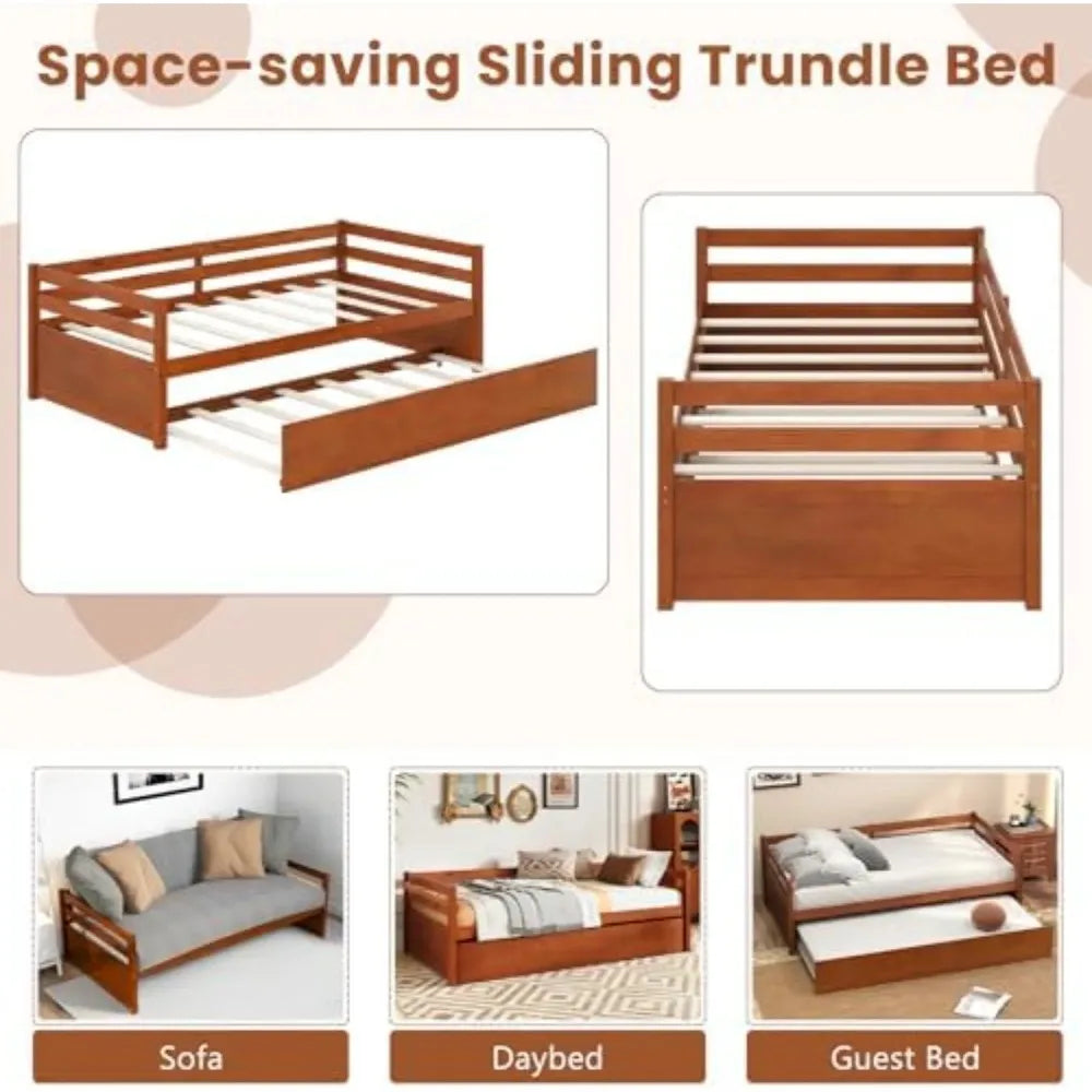 Mid Century Modern Daybed With Trundle And Wood Slat Support