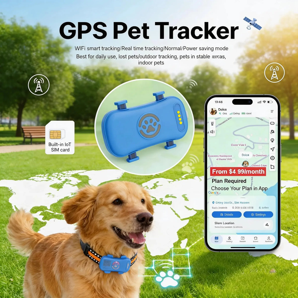 WANWAYTECH 4G GPS Pet Tracker Real Time Waterproof Dogs Cats