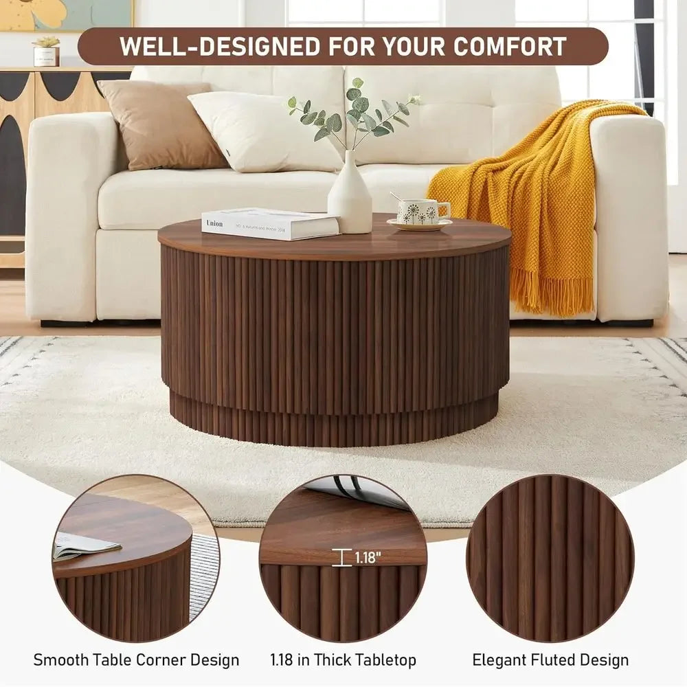 Mid Century Modern Round Wooden Coffee Table With Storage
