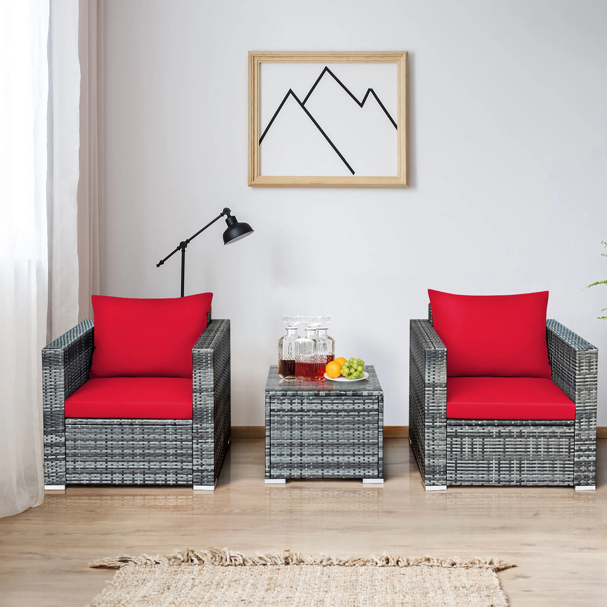 HOMASIS 3 Piece Patio Rattan Bistro Set With Cushioned Chairs