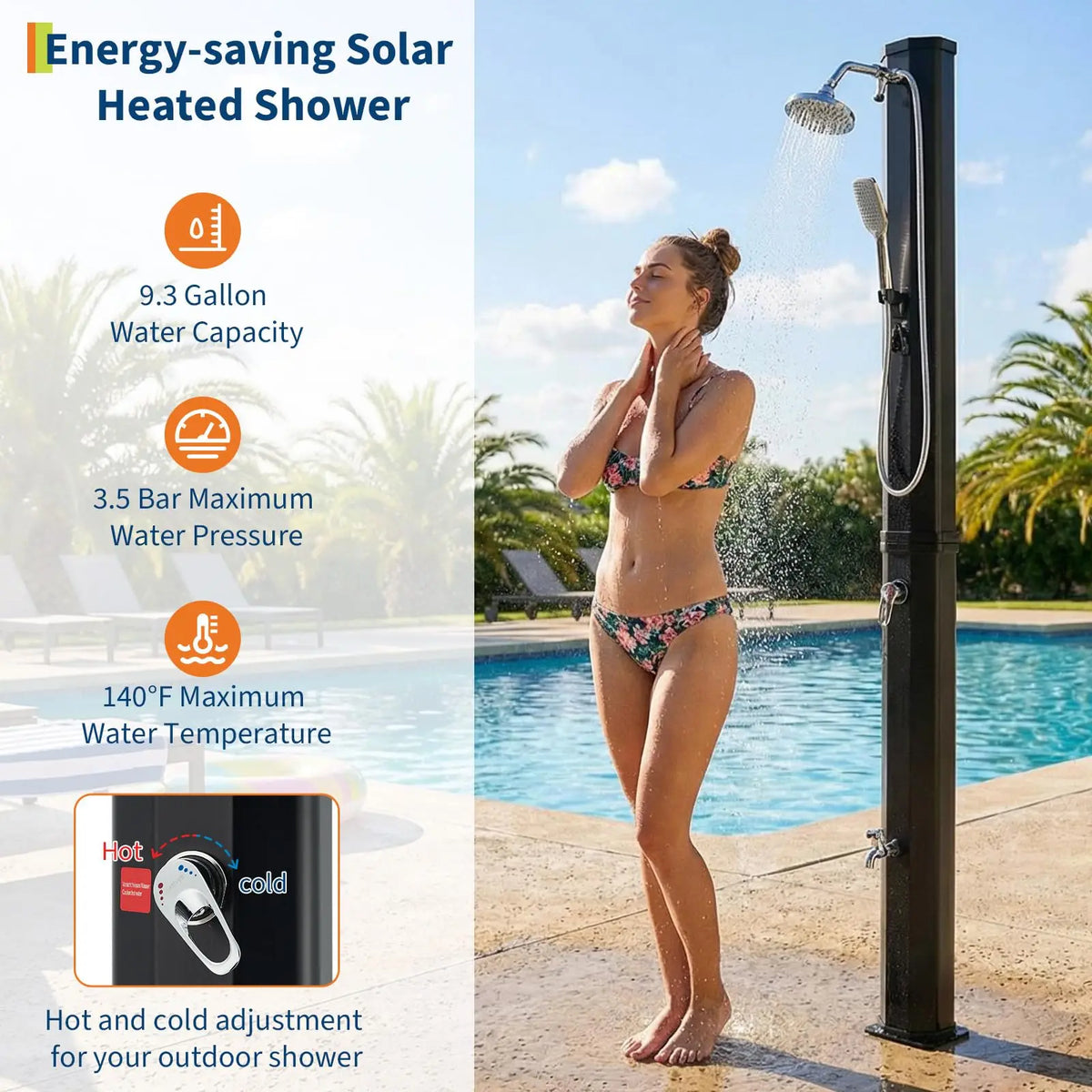 HiMISS Solar Heated Freestanding Pool Shower Kit Handheld Foot Faucet