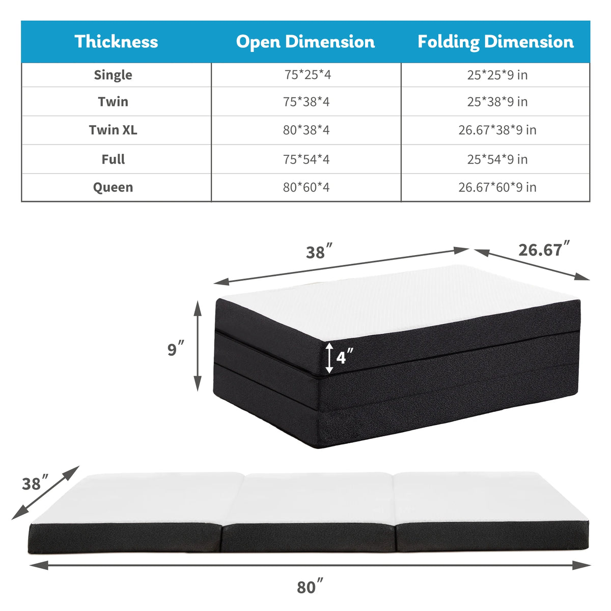 JHK Tri-Fold Memory Foam Mattress With Washable Cover CertiPUR-US Certified