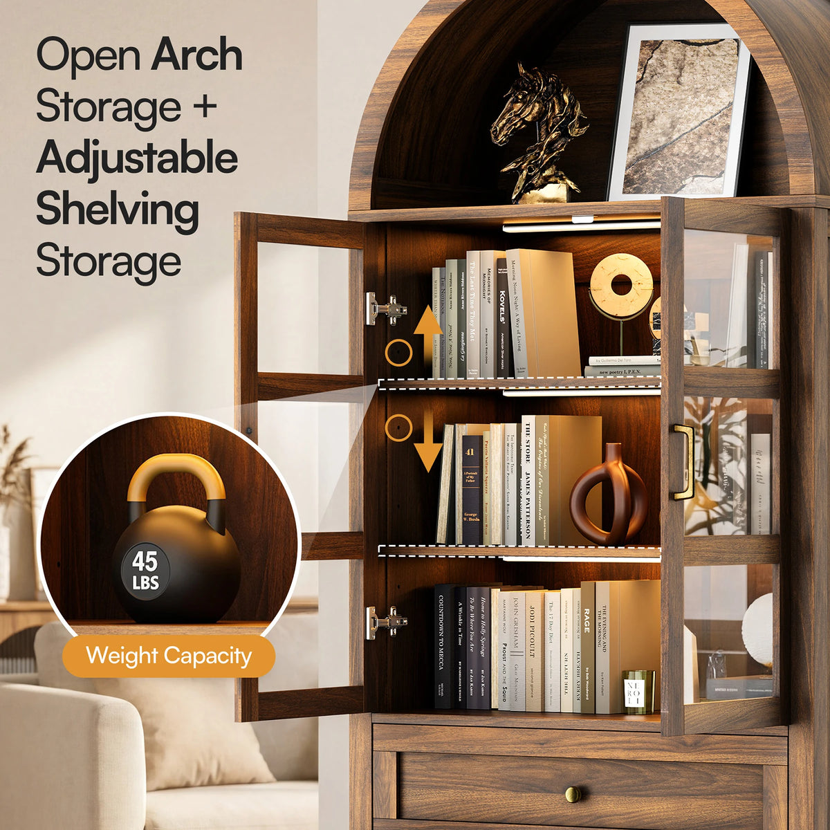 Cottinch Arched Wooden Storage Cabinet With Dimmable Led Shelves