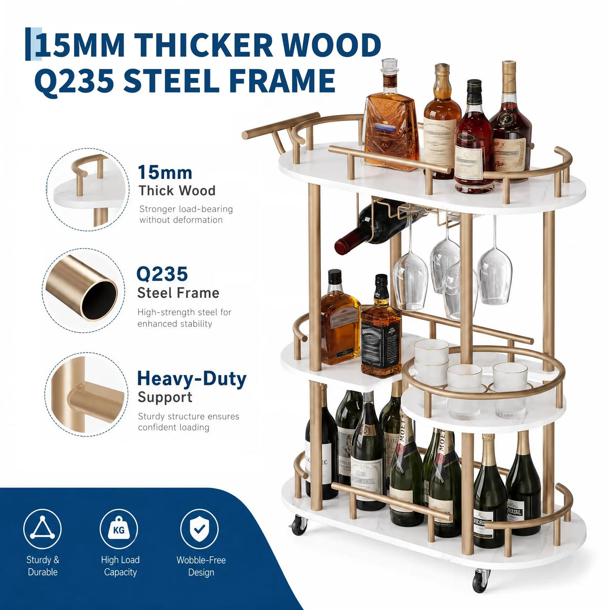 HiMISS Three Tier Metal Rolling Bar Cart With Wine Rack