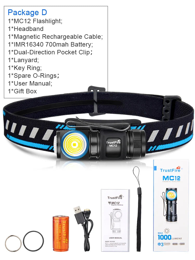 Trustfire MC12 Powerful 1000 Lumen XP-L HI Rechargeable Headlamp