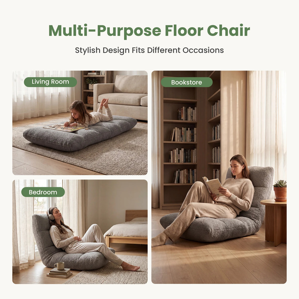 JHK Foldable Floor Chair Featuring Supportive Backrest and Teddy Velvet