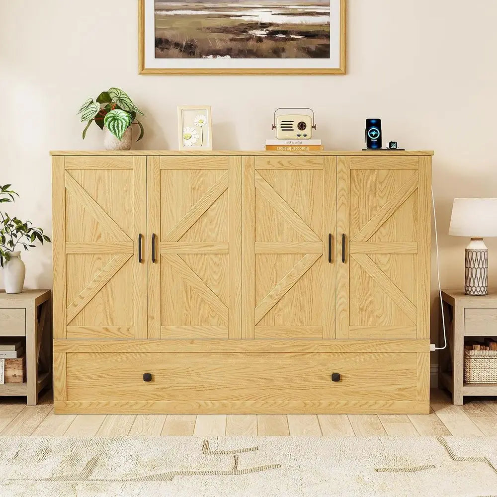 Foldable Wooden Murphy Bed With Charging Station And Storage