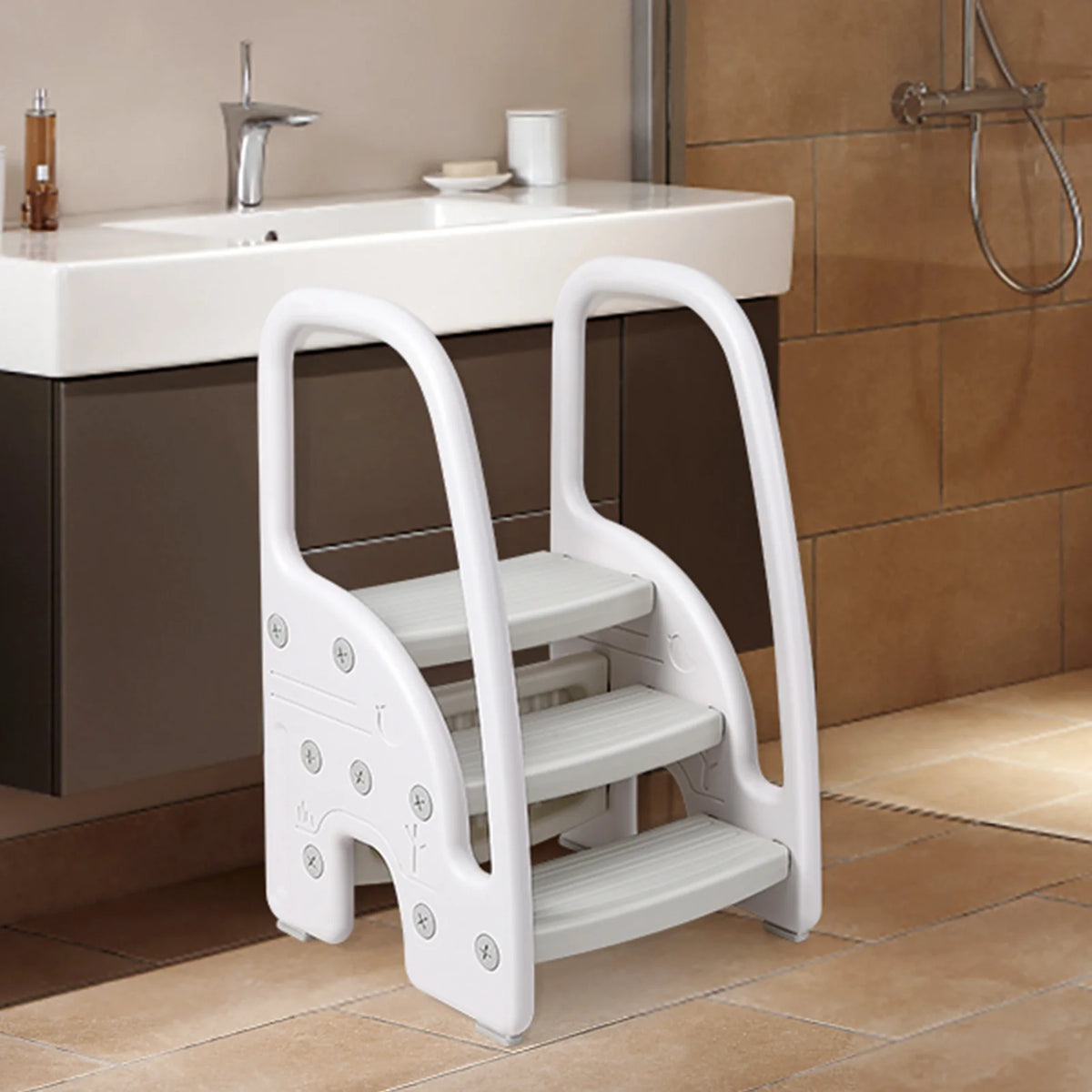 Secure Dual Step Stool With Side Handles For Kids Bathroom