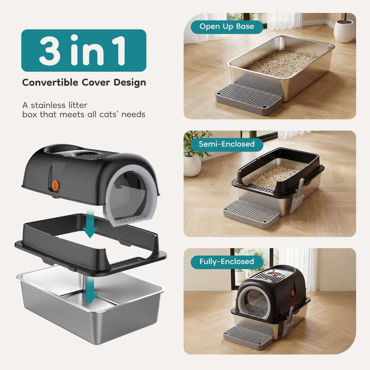 Stainless Steel Fully Enclosed Large Cat Litter Box With Scoop