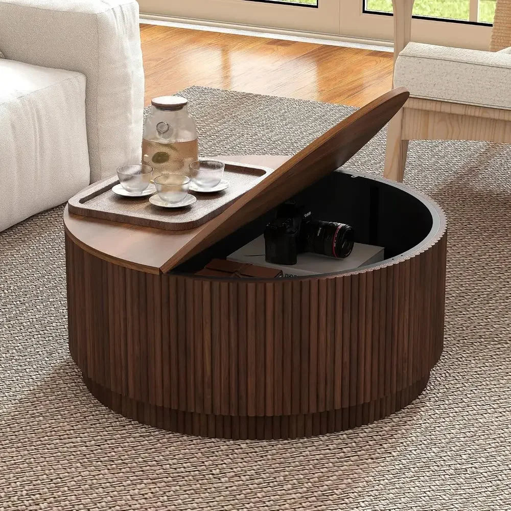 Mid Century Modern Round Wooden Coffee Table With Storage