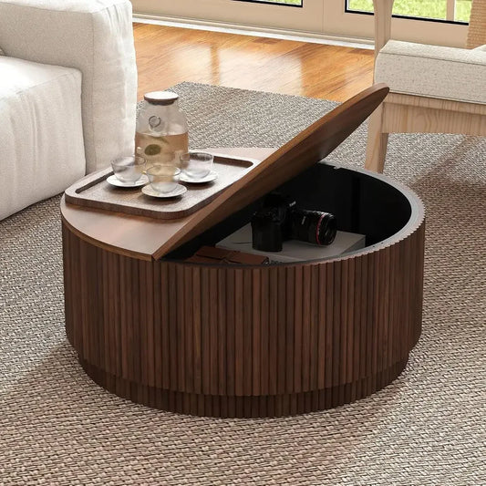Mid Century Modern Round Wooden Coffee Table With Storage