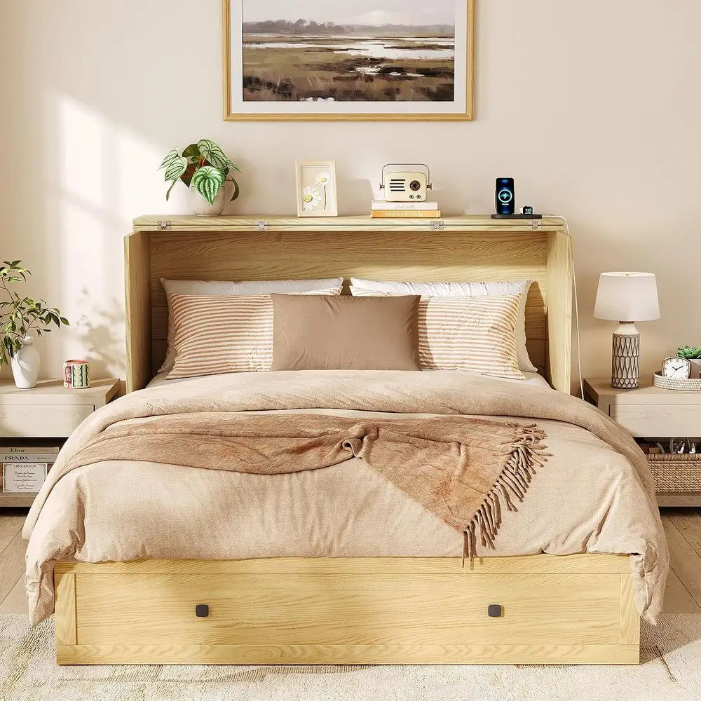 Foldable Wooden Murphy Bed With Charging Station And Storage