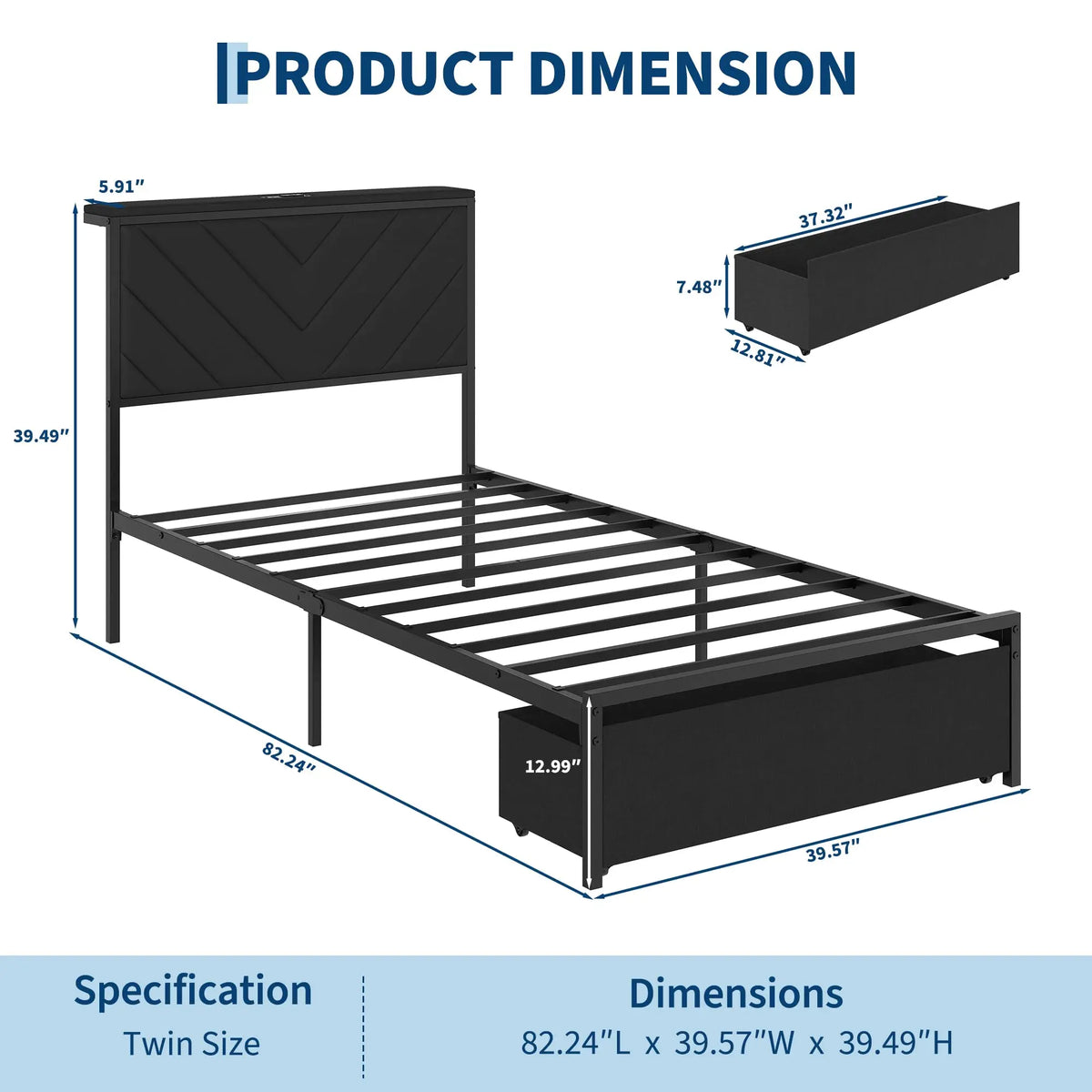 HiMiss Metal Bed Frame With Charging Station Headboard Storage Drawers