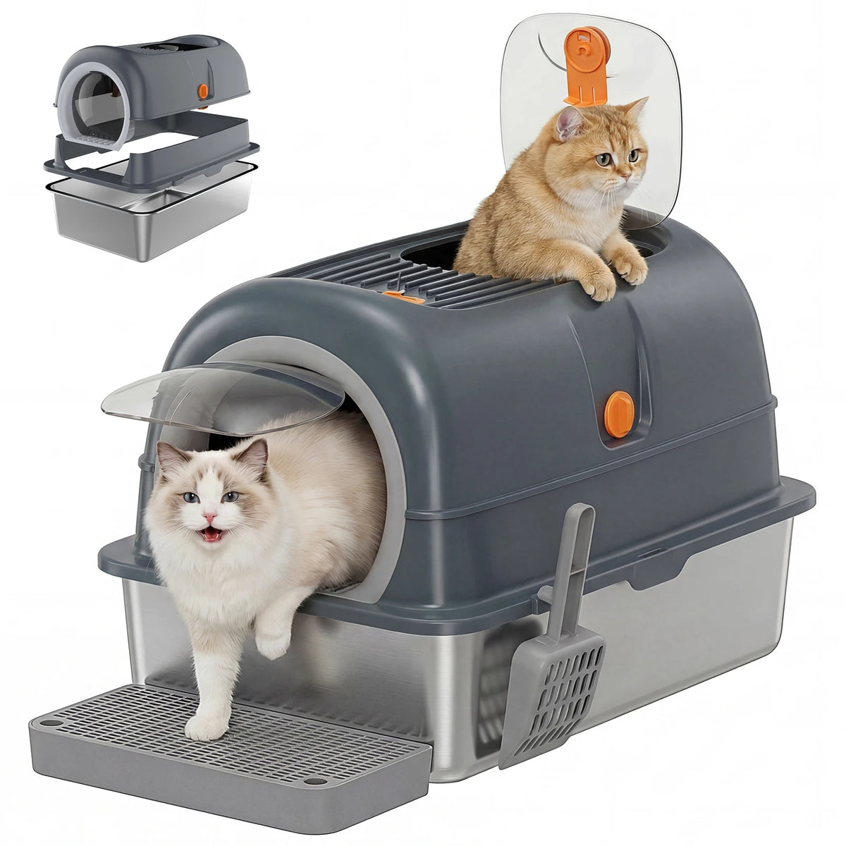 Stainless Steel Fully Enclosed Large Cat Litter Box With Scoop